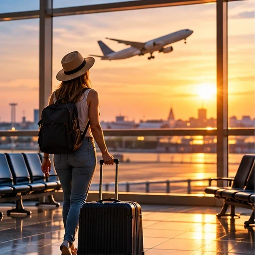 Viajante com mala no aeroporto, vendo um avião decolar ao pôr do sol
